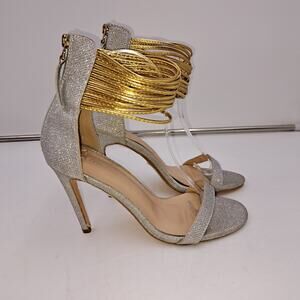 Women 7.5 Silver Lamé Gold Stringy Ankle Strap Stilletto Heel Open Toe Sandals